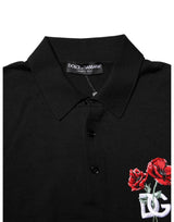 Dolce & Gabbana Black Wool DG Logo Rose Collared Polo T-shirt