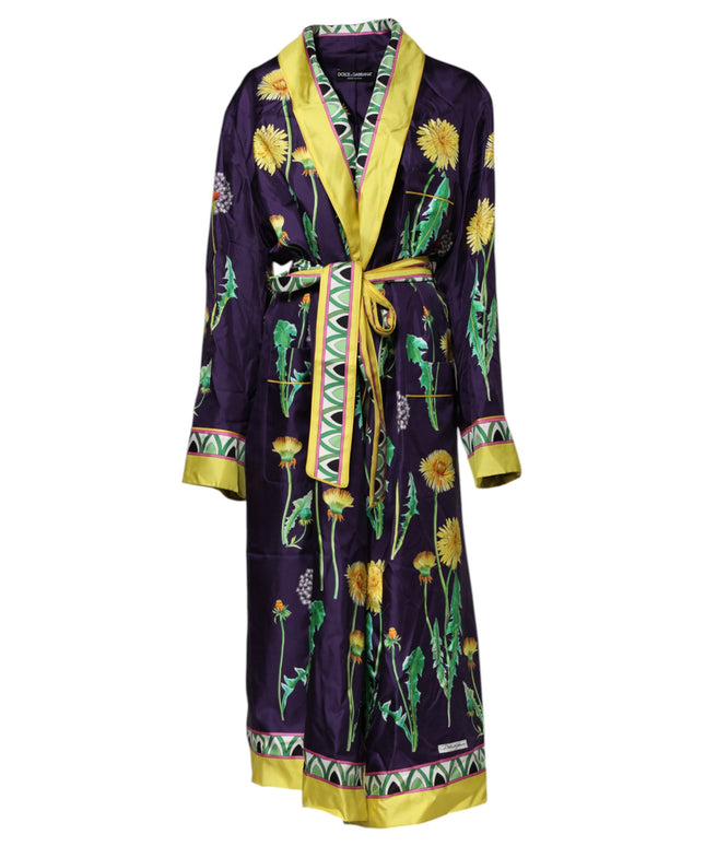 Dolce & Gabbana Blue Floral Print Silk Long Sleeves Wrap Robe
