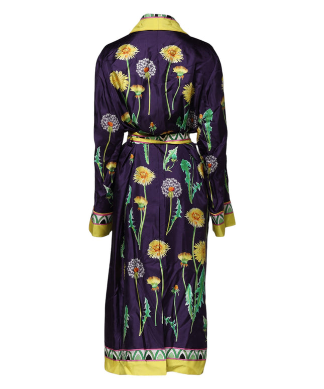 Dolce & Gabbana Blue Floral Print Silk Long Sleeves Wrap Robe