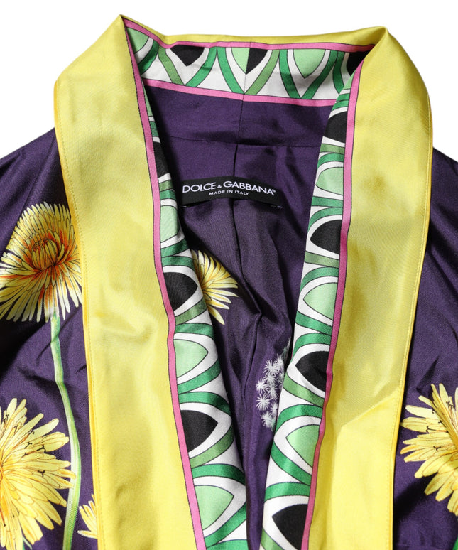Dolce & Gabbana Blue Floral Print Silk Long Sleeves Wrap Robe