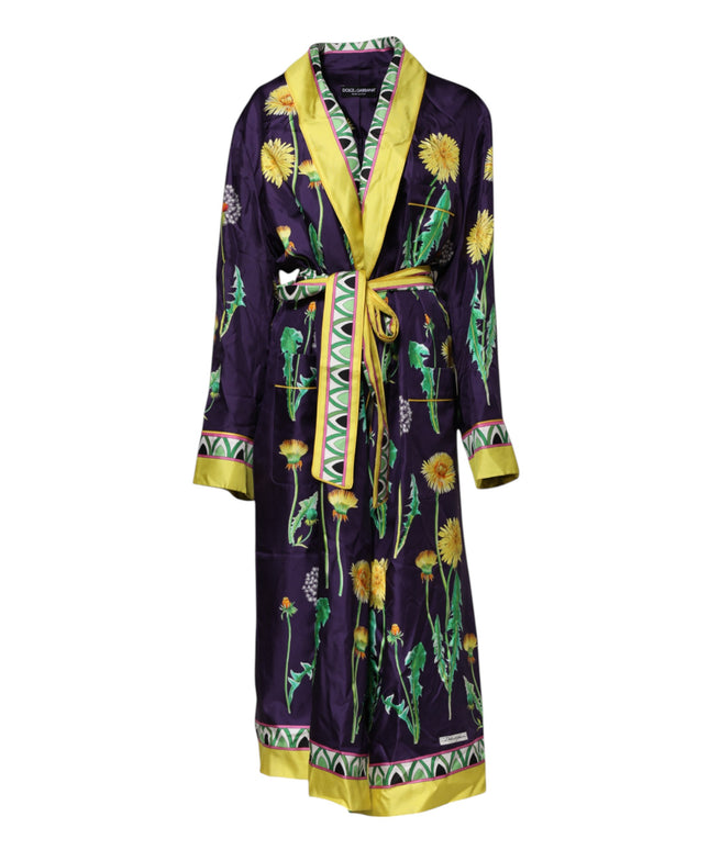 Dolce & Gabbana Blue Floral Print Silk Long Sleeves Wrap Robe