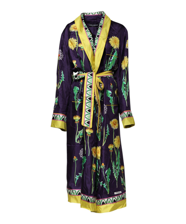 Dolce & Gabbana Blue Floral Print Silk Long Sleeves Wrap Robe