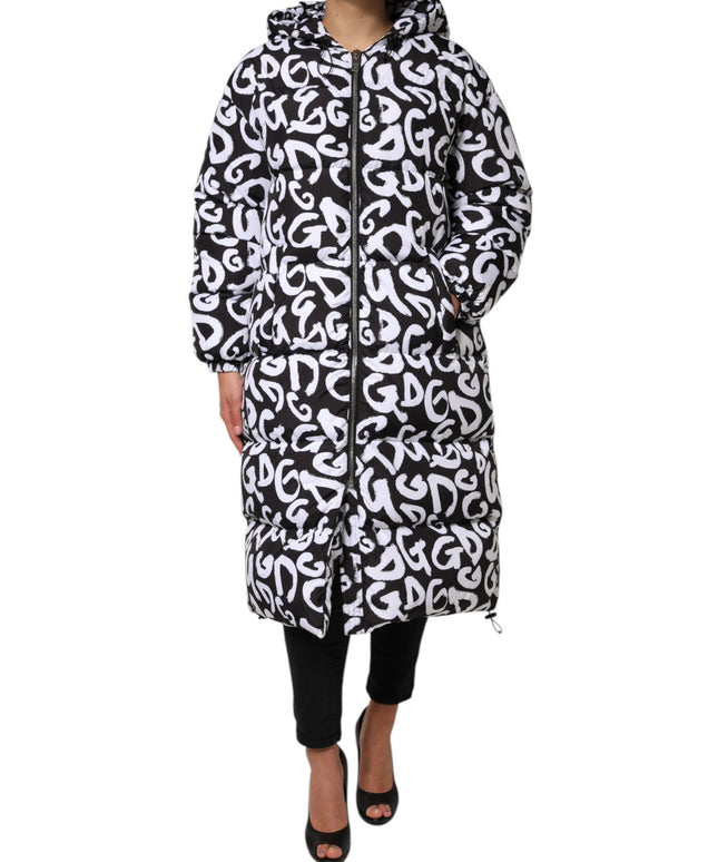 Dolce & Gabbana Black White DG Mania Hooded Long Coat Jacket