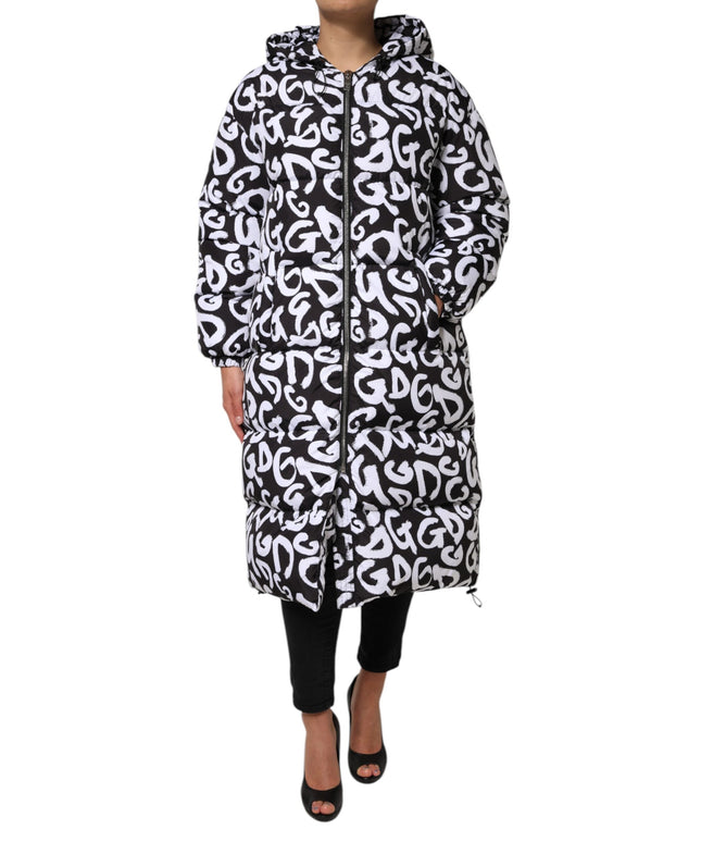 Dolce & Gabbana Black White DG Mania Hooded Long Coat Jacket