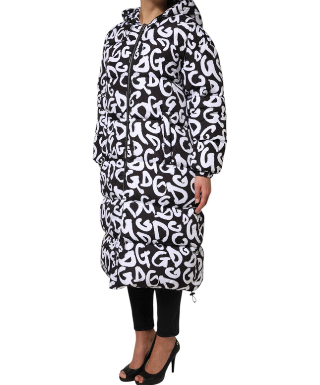 Dolce & Gabbana Black White DG Mania Hooded Long Coat Jacket