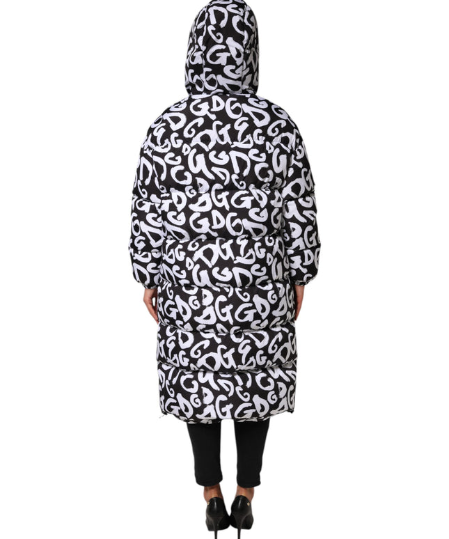 Dolce & Gabbana Black White DG Mania Hooded Long Coat Jacket
