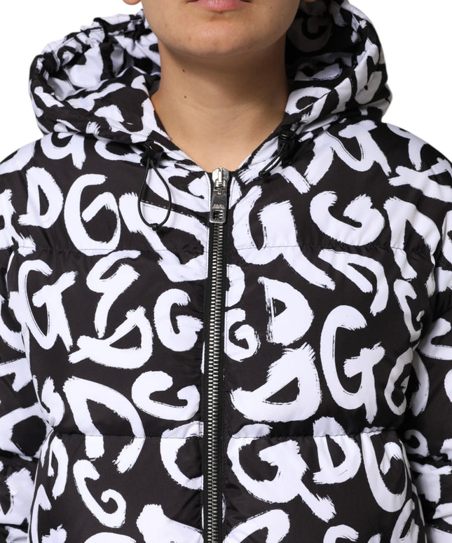 Dolce & Gabbana Black White DG Mania Hooded Long Coat Jacket