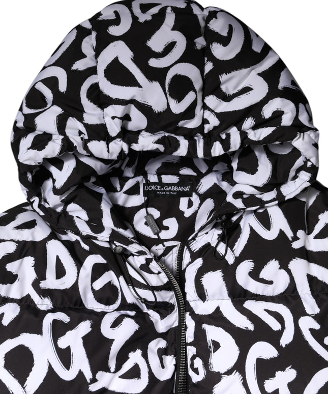 Dolce & Gabbana Black White DG Mania Hooded Long Coat Jacket