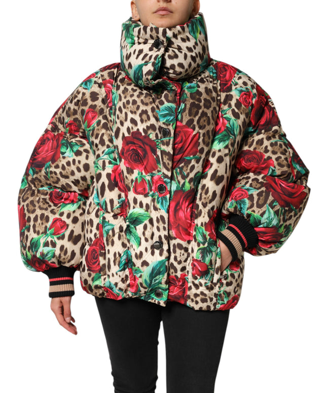 Dolce & Gabbana Multicolor Leopard Rose Puffer Quilted Jacket