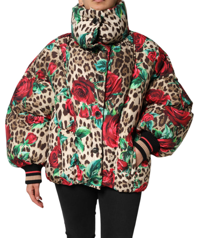 Dolce & Gabbana Multicolor Leopard Rose Puffer Quilted Jacket