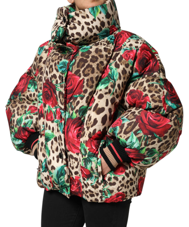 Dolce & Gabbana Multicolor Leopard Rose Puffer Quilted Jacket