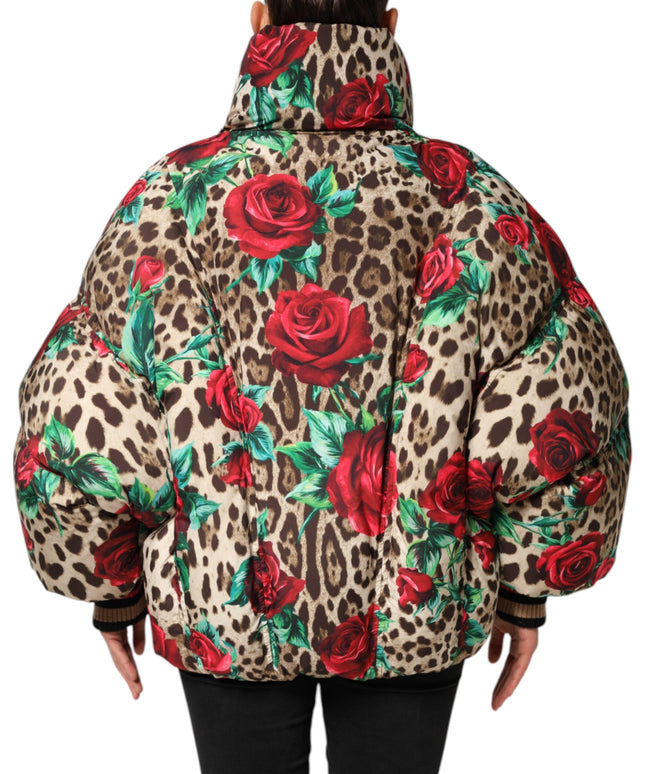 Dolce & Gabbana Multicolor Leopard Rose Puffer Quilted Jacket