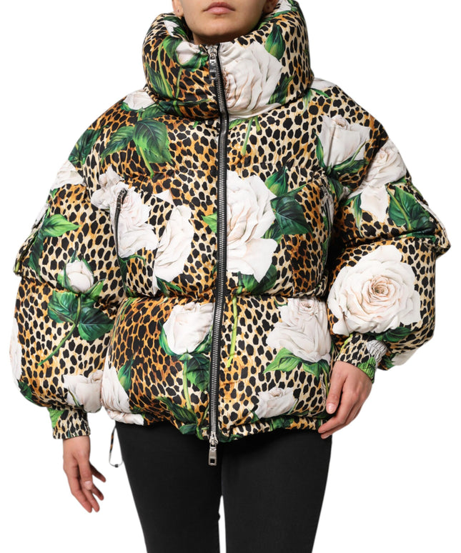 Dolce & Gabbana Multicolor Leopard Rose Puffer Quilted Jacket