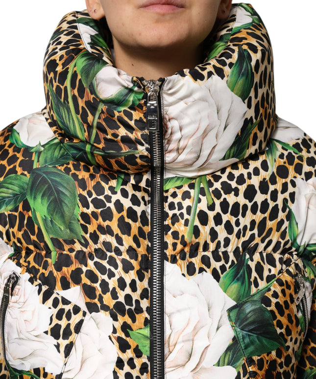 Dolce & Gabbana Multicolor Leopard Rose Puffer Quilted Jacket