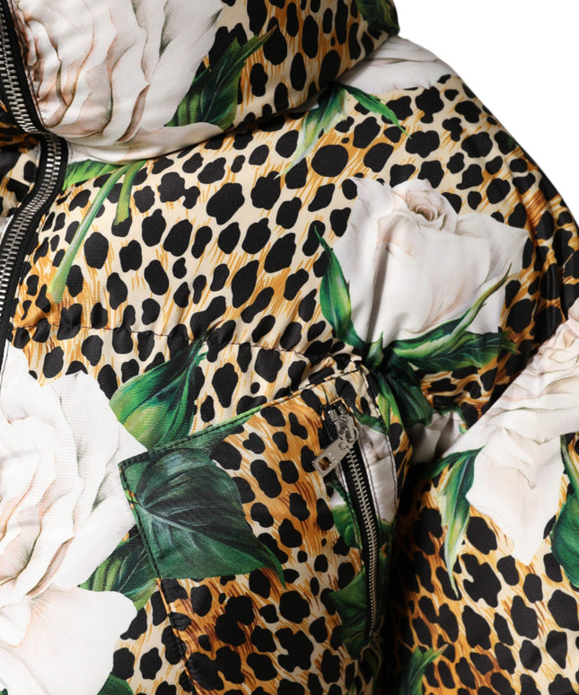 Dolce & Gabbana Multicolor Leopard Rose Puffer Quilted Jacket