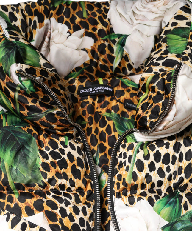 Dolce & Gabbana Multicolor Leopard Rose Puffer Quilted Jacket