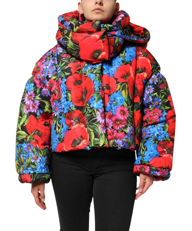 Dolce & Gabbana Multicolor Floral Hooded Puffer Coat Jacket