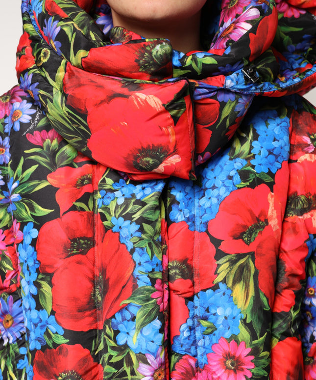 Dolce & Gabbana Multicolor Floral Hooded Puffer Coat Jacket