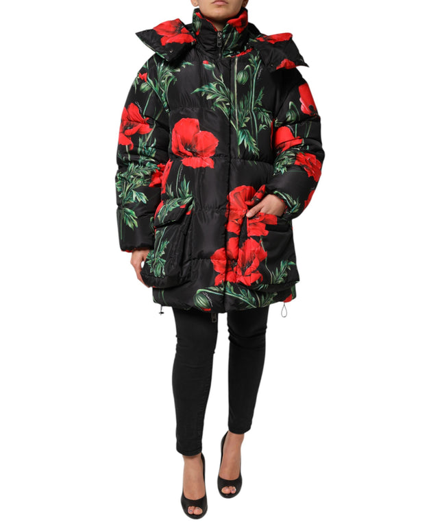 Dolce & Gabbana Black Floral Polyester Hooded Quilted Jacket