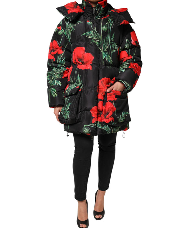 Dolce & Gabbana Black Floral Polyester Hooded Quilted Jacket