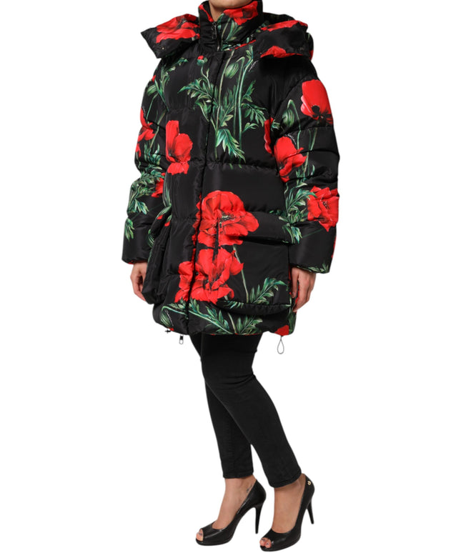 Dolce & Gabbana Black Floral Polyester Hooded Quilted Jacket