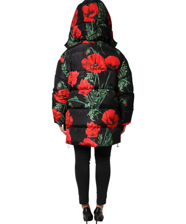 Dolce & Gabbana Black Floral Polyester Hooded Quilted Jacket