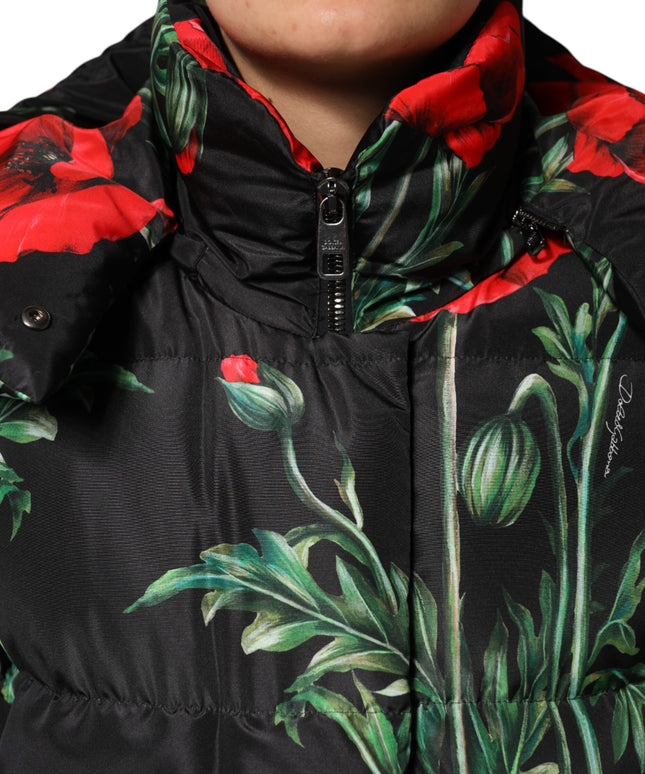 Dolce & Gabbana Black Floral Polyester Hooded Quilted Jacket