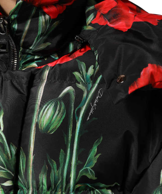 Dolce & Gabbana Black Floral Polyester Hooded Quilted Jacket