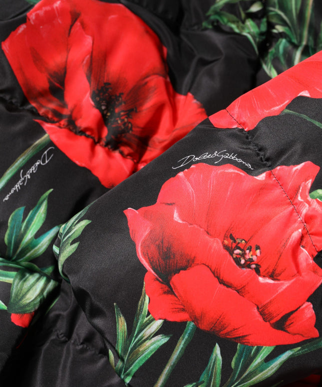 Dolce & Gabbana Black Floral Polyester Hooded Quilted Jacket