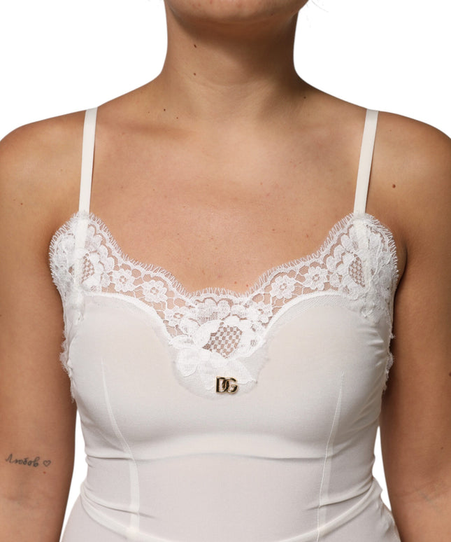 Dolce & Gabbana White Lace Gold DG Logo Silk Dress Sleepwear