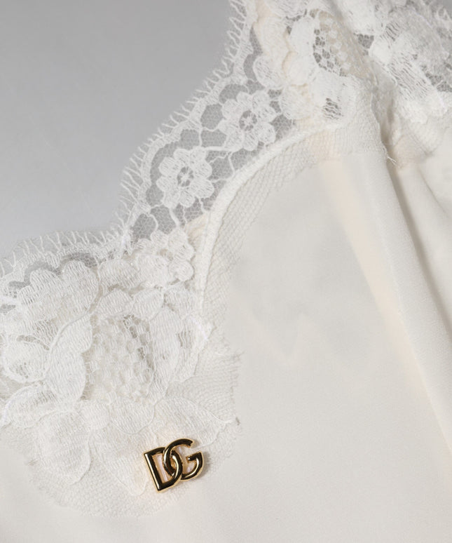 Dolce & Gabbana White Lace Gold DG Logo Silk Dress Sleepwear