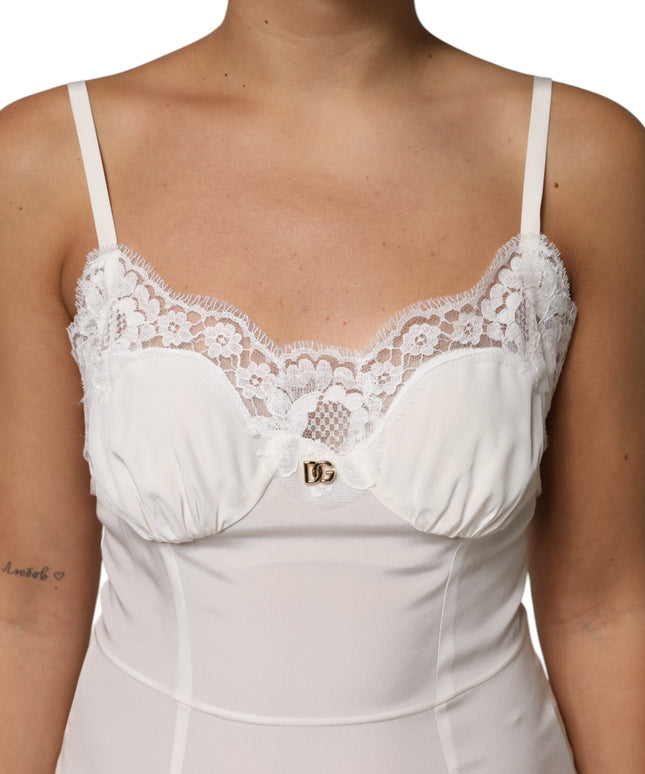 Dolce & Gabbana White Lace DG Logo Silk Dress Sleepwear