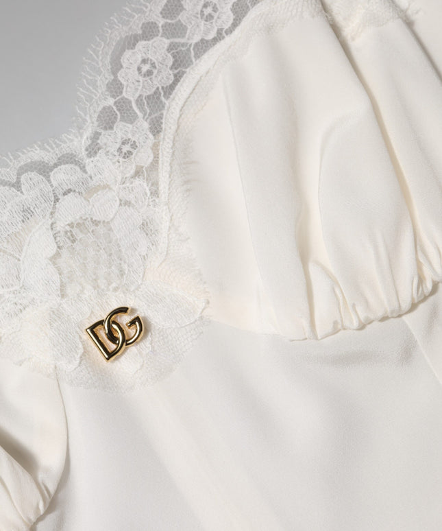Dolce & Gabbana White Lace DG Logo Silk Dress Sleepwear