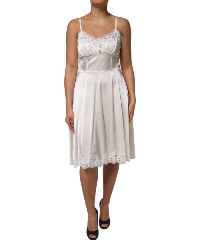 Dolce & Gabbana White Lace DG Logo Silk Dress Sleepwear