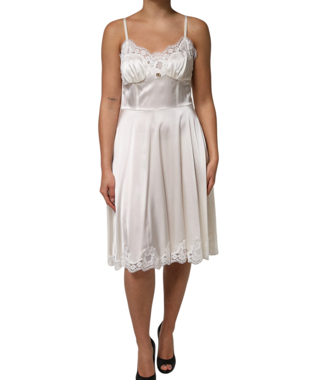 Dolce & Gabbana White Lace DG Logo Silk Dress Sleepwear