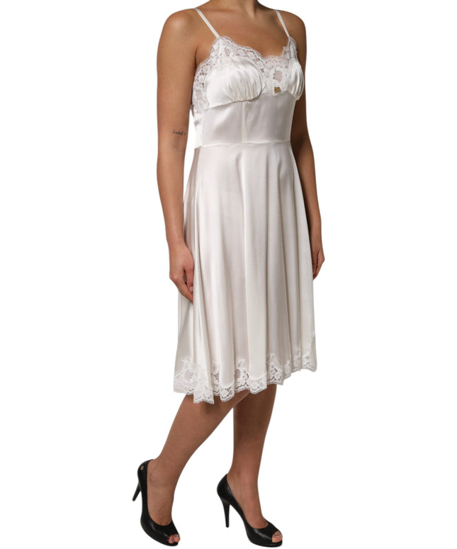 Dolce & Gabbana White Lace DG Logo Silk Dress Sleepwear