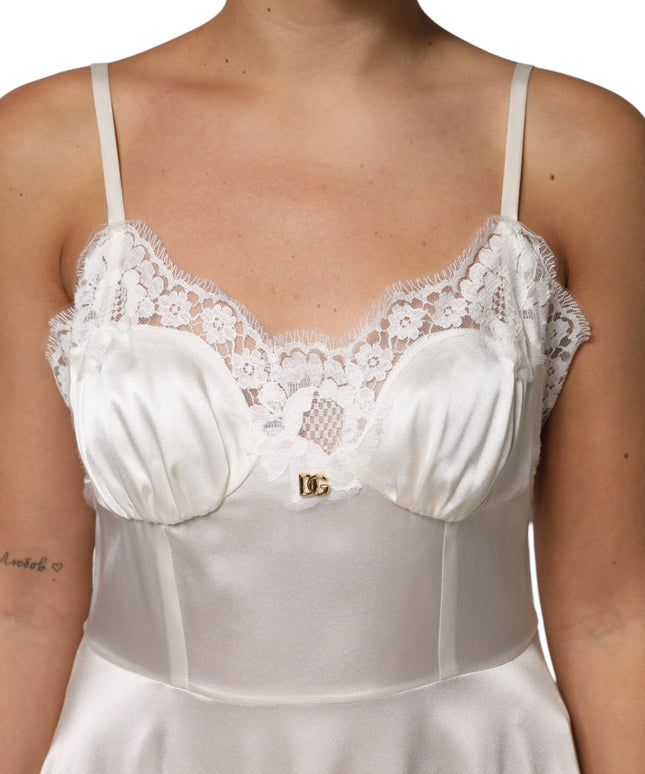 Dolce & Gabbana White Lace DG Logo Silk Dress Sleepwear