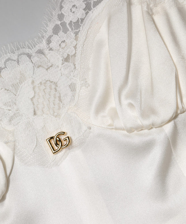 Dolce & Gabbana White Lace DG Logo Silk Dress Sleepwear