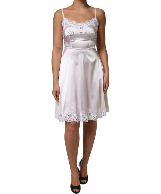 Dolce & Gabbana White Lace Gold DG Logo Silk Dress Sleepwear