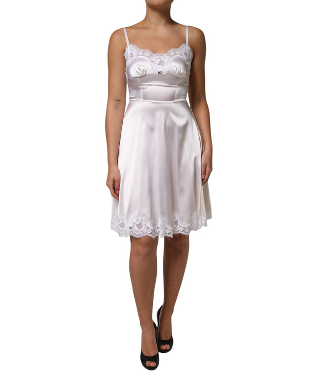 Dolce & Gabbana White Lace Gold DG Logo Silk Dress Sleepwear