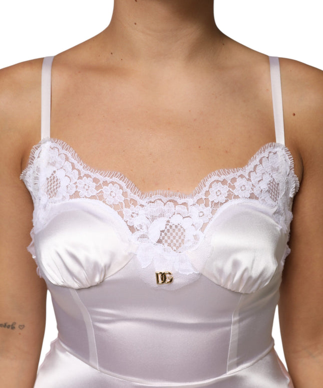 Dolce & Gabbana White Lace Gold DG Logo Silk Dress Sleepwear