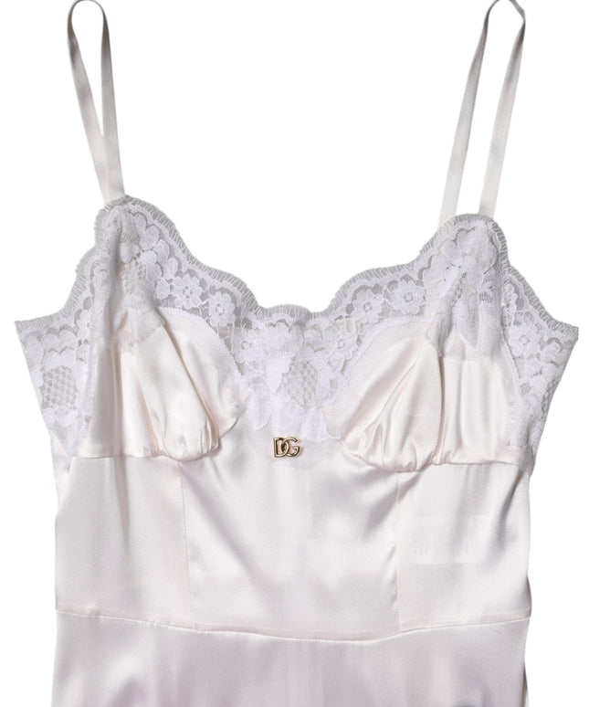 Dolce & Gabbana White Lace Gold DG Logo Silk Dress Sleepwear