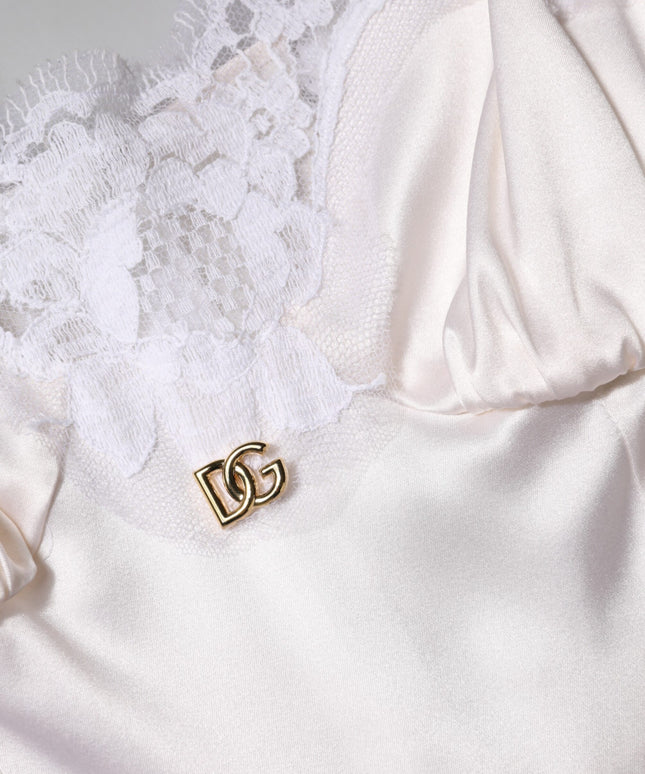 Dolce & Gabbana White Lace Gold DG Logo Silk Dress Sleepwear