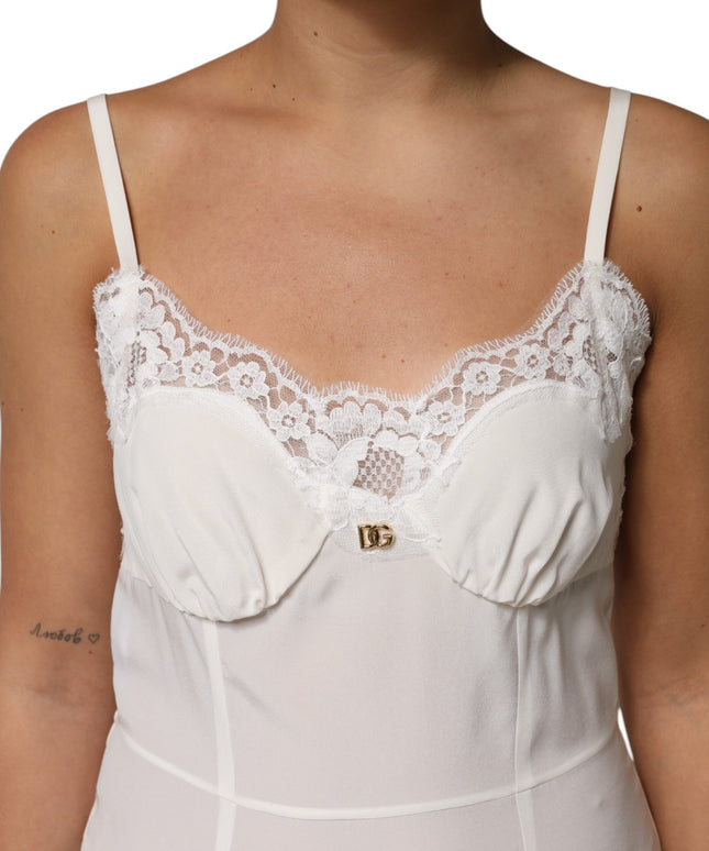 Dolce & Gabbana White Lace Gold DG Logo Silk Dress Sleepwear