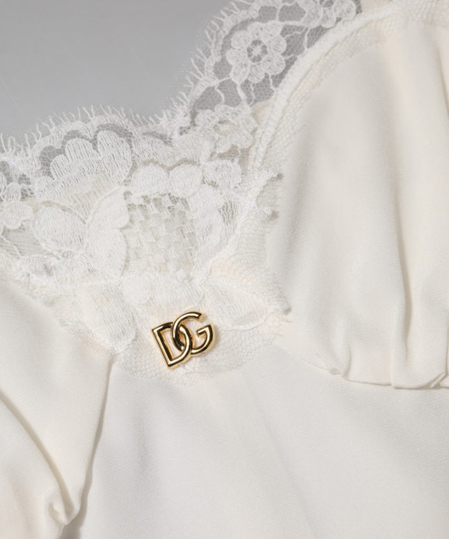 Dolce & Gabbana White Lace Gold DG Logo Silk Dress Sleepwear