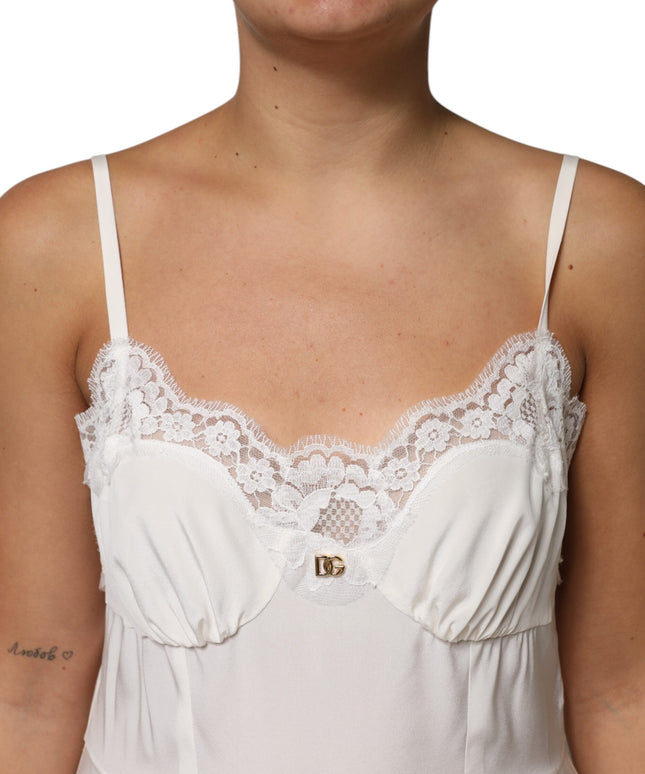 Dolce & Gabbana White Lace Gold DG Logo Silk Dress Sleepwear