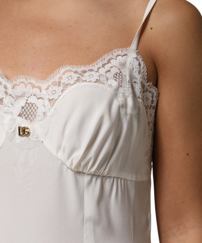 Dolce & Gabbana White Lace Gold DG Logo Silk Dress Sleepwear