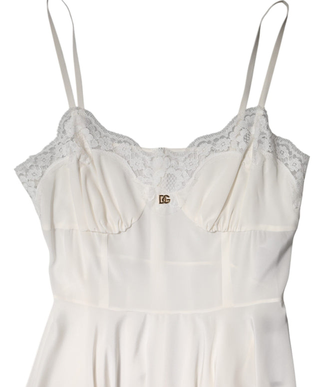 Dolce & Gabbana White Lace Gold DG Logo Silk Dress Sleepwear