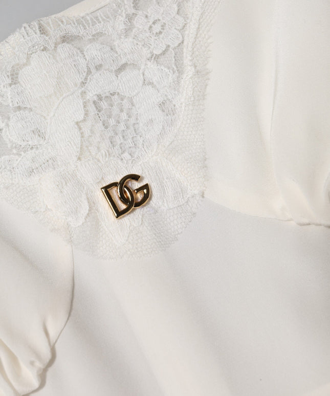 Dolce & Gabbana White Lace Gold DG Logo Silk Dress Sleepwear