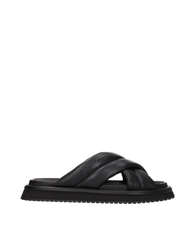 Dolce & Gabbana Black Leather Slippers Sandals